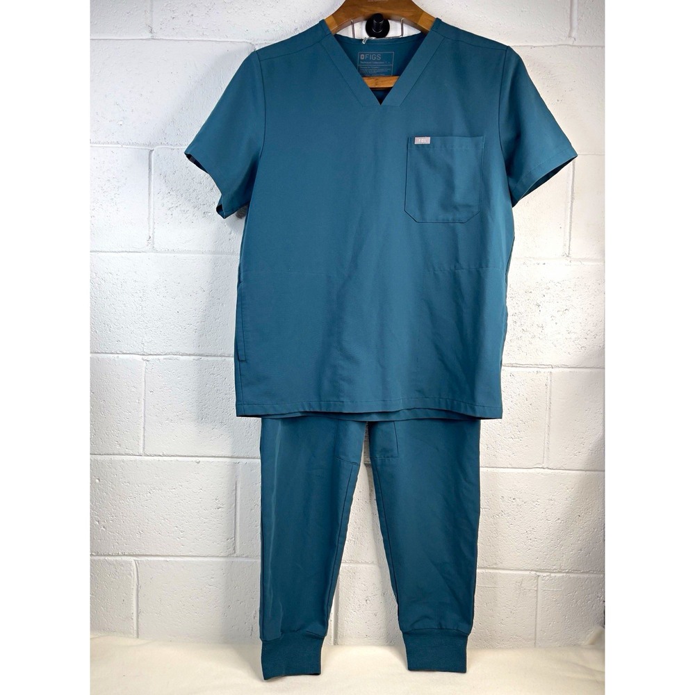 FIGS Men's Large Scrub Set Dark Teal Chisec V-Neck Top & Tansen Jogger Pants